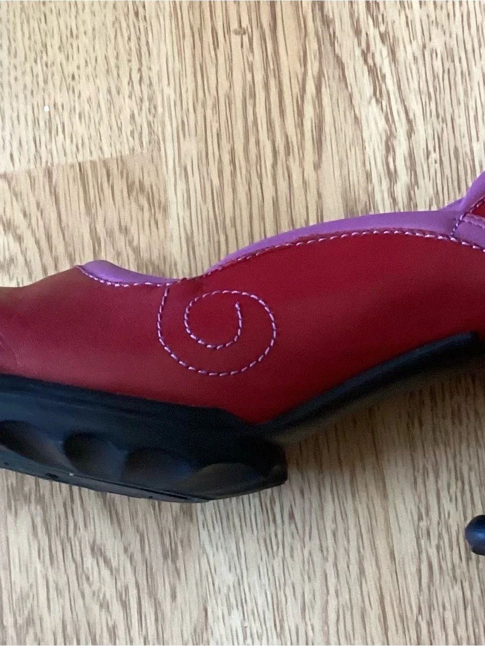 John Fluevog Red Leather Pumps With Purple Trim, Size 12, Spool Heel